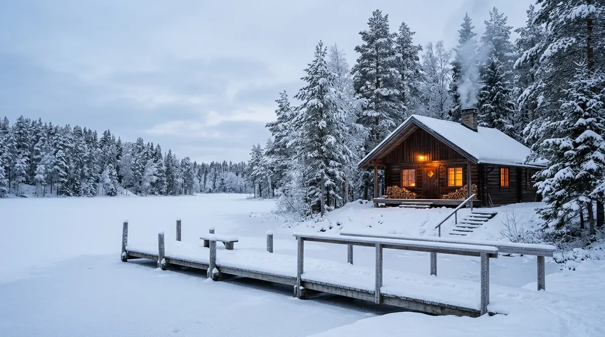 Cozy lakeside winter cabin by a frozen lake with snowy trees and warm amber interior glow.