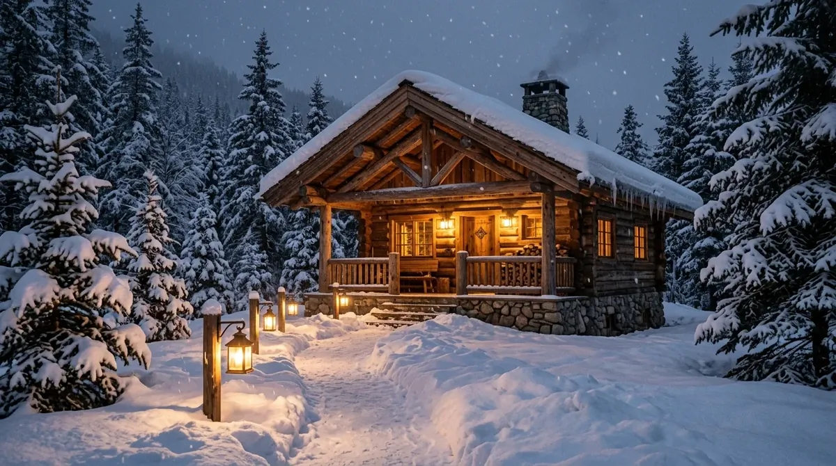 Traditional mountain cabin with heavy timber beams, snowy roof edges, lantern walkway, and falling snow.