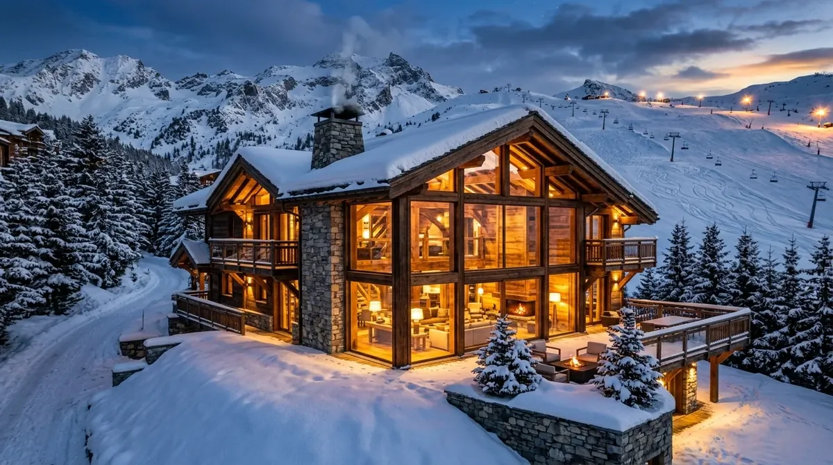 Luxury winter chalet with glass walls, wood and stone exterior, snowy ski backdrop, and elegant alpine design.