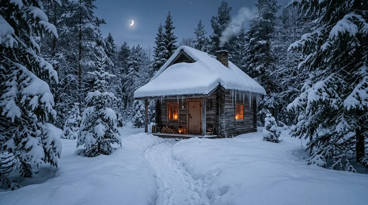 Small forest cabin buried in snow with narrow path, icicles, candlelit windows, and untouched wilderness.