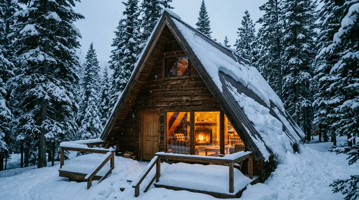 Rustic A-frame cabin with steep roof, snowy deck, glowing fireplace, and tall pines.