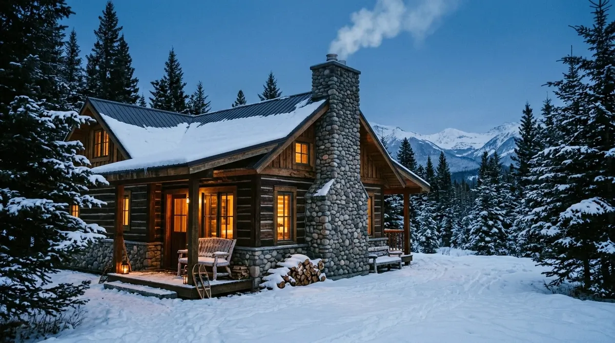 Mountain lodge cabin with layered wood textures, large chimney, smoke drifting, and dusk lighting.