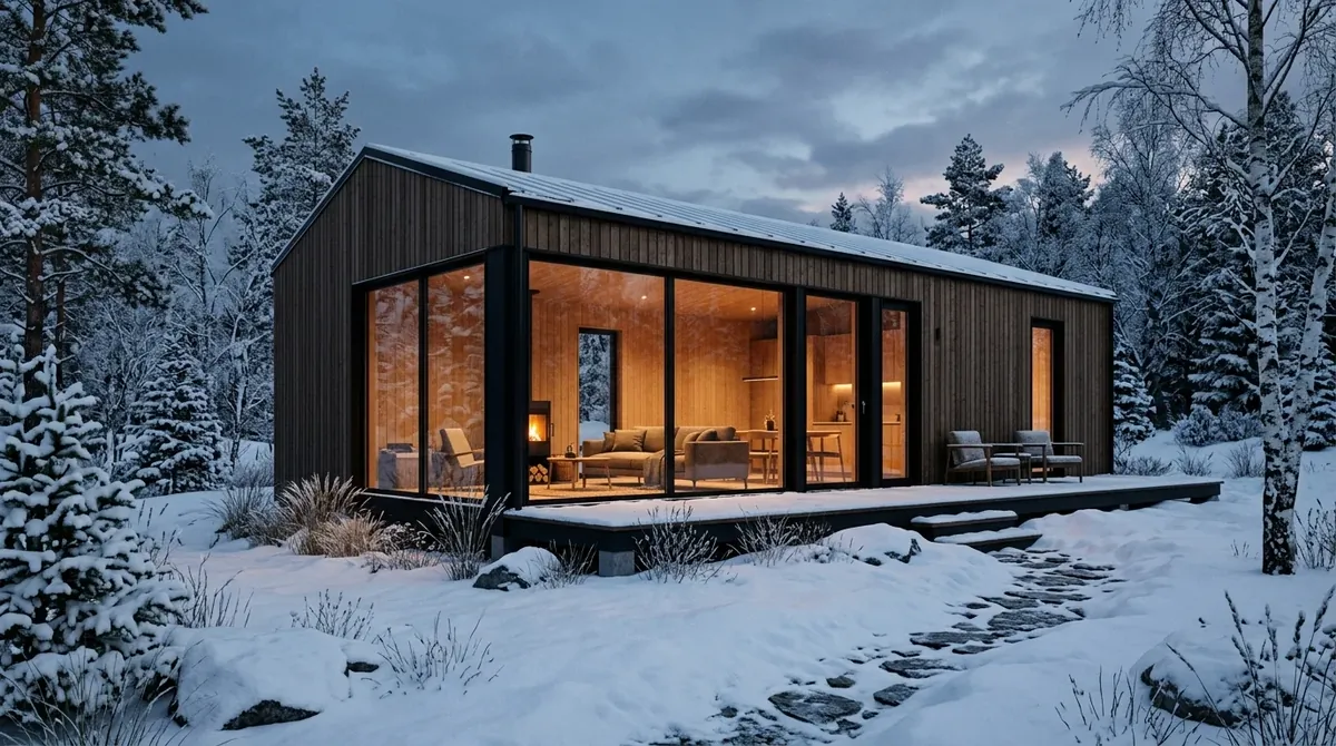 Minimalist winter cabin with sleek wood panels, black trim, panoramic windows, and snowy modern landscaping.