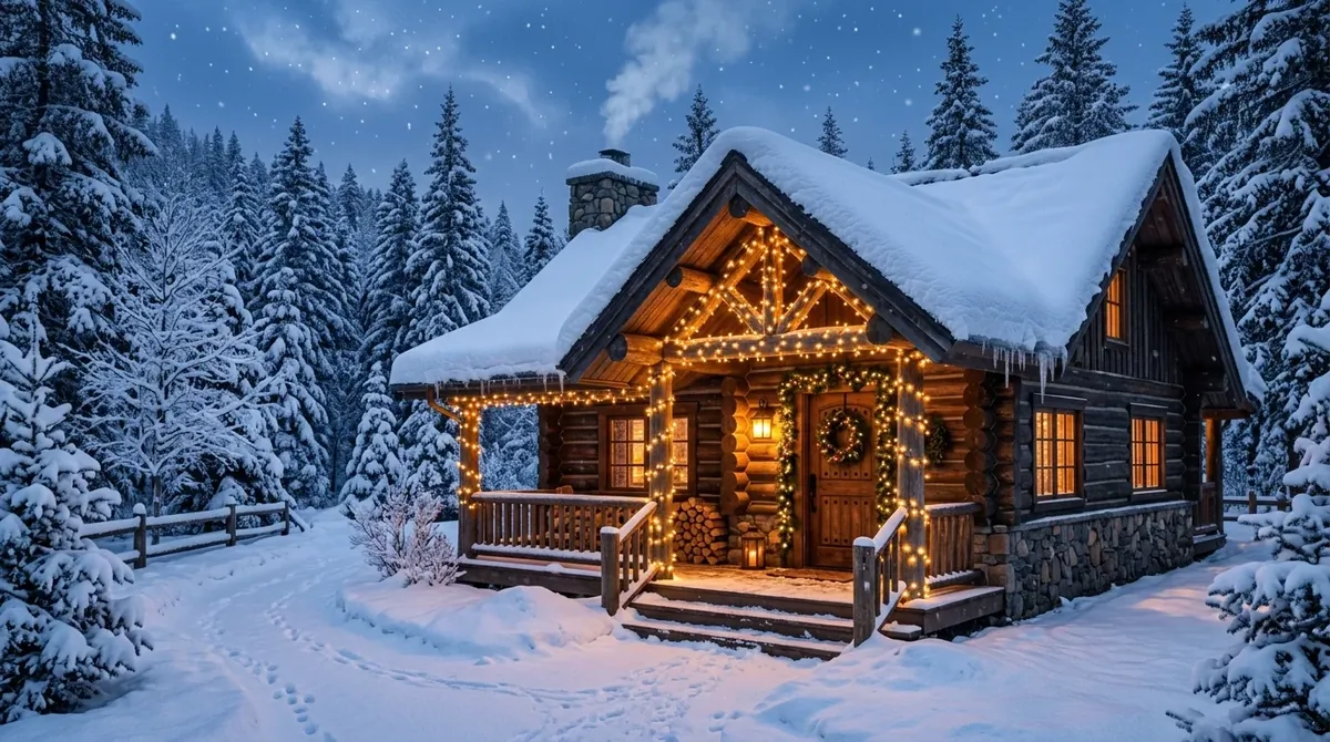 Fairytale-style snowy cabin with string lights on porch beams, thick snow roof, and magical forest backdrop.