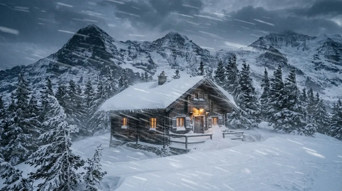Remote alpine cabin during snowfall with mountain backdrop, glowing windows, and frosted trees in motion.