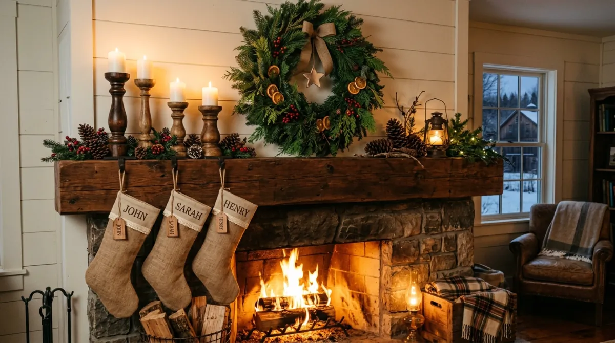 Farmhouse winter mantel with evergreen wreath, burlap stockings, wood candles, and pinecones.