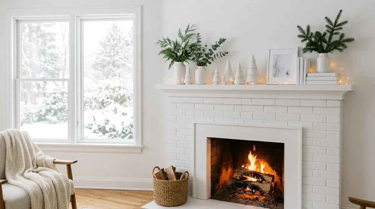 Minimal winter mantel with white ceramic decor, greenery, string lights, and white fireplace.