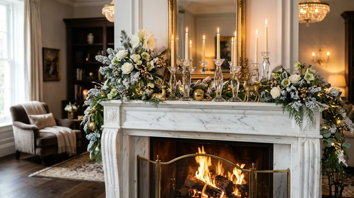 Luxury winter mantel with gold accents, crystal candle holders, snowy florals, and marble fireplace.