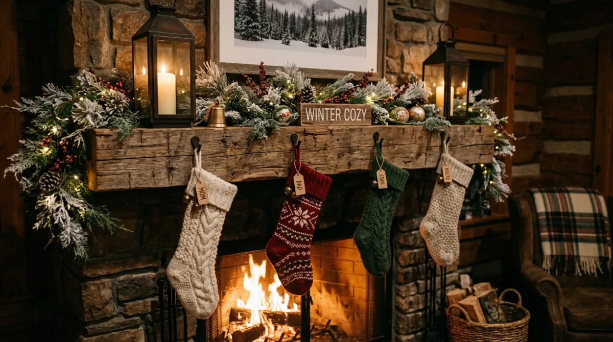 Rustic winter mantel with reclaimed wood shelf, knit stockings, lantern candles, and frosted branches.