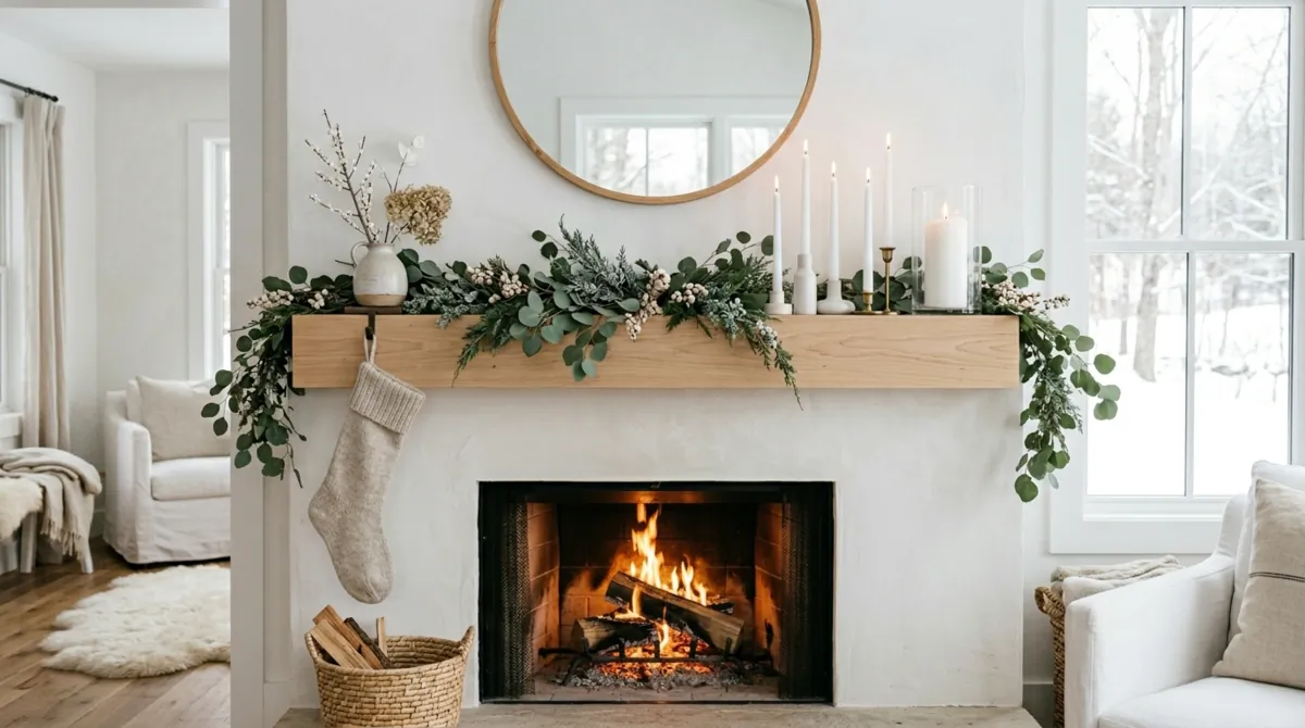 Scandinavian winter mantel with light wood, eucalyptus garland, white candles, and neutral tones.