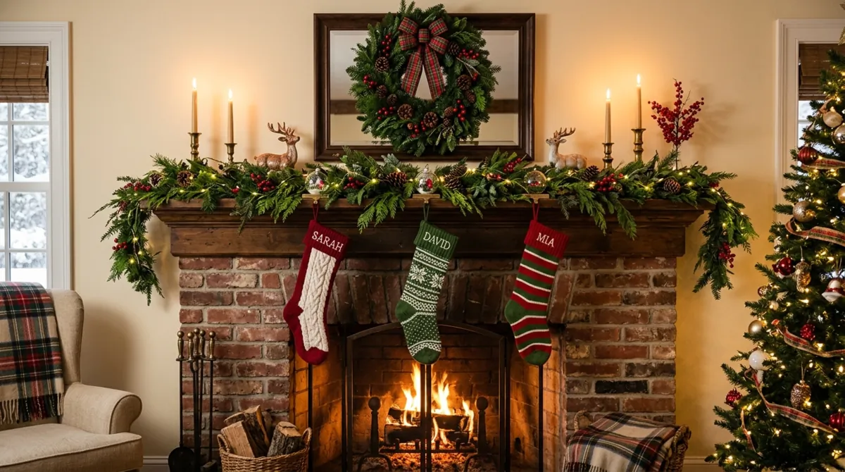 Traditional winter mantel with red and green accents, wreath, candles, and stockings.