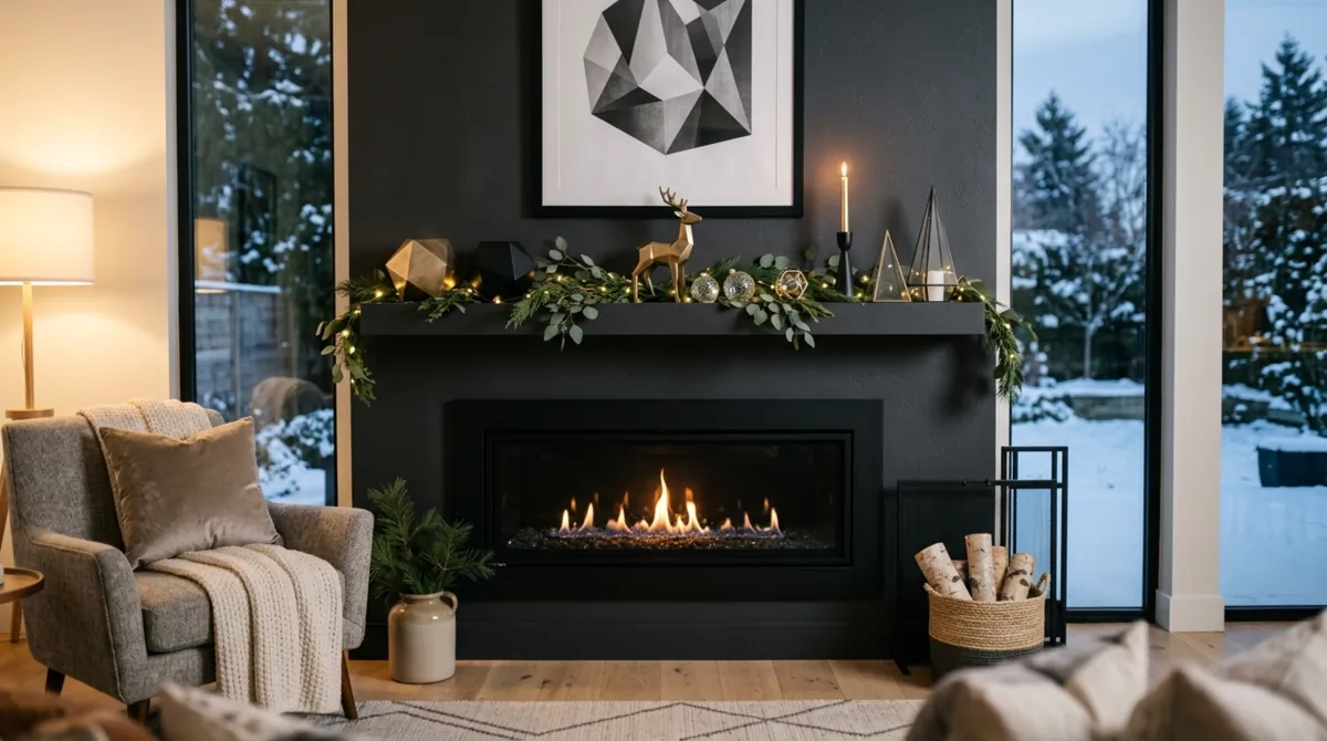 Modern winter mantel with black fireplace, geometric decor, metallic ornaments, and LED lighting.