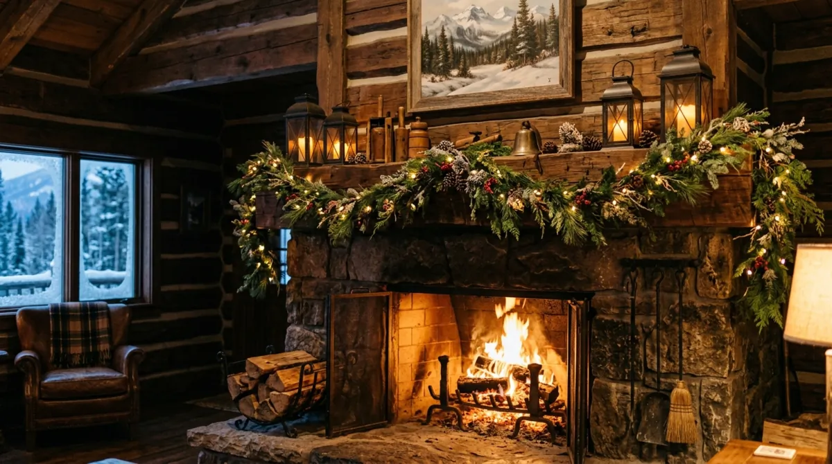 Cabin winter mantel with heavy pine garlands, wood beams, lanterns, and roaring fire.