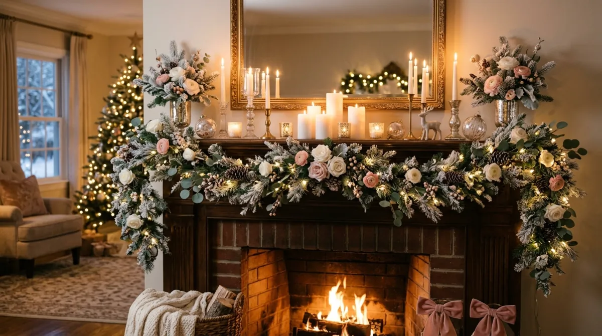 Romantic winter mantel with fairy lights, blush accents, frosted florals, and candles.