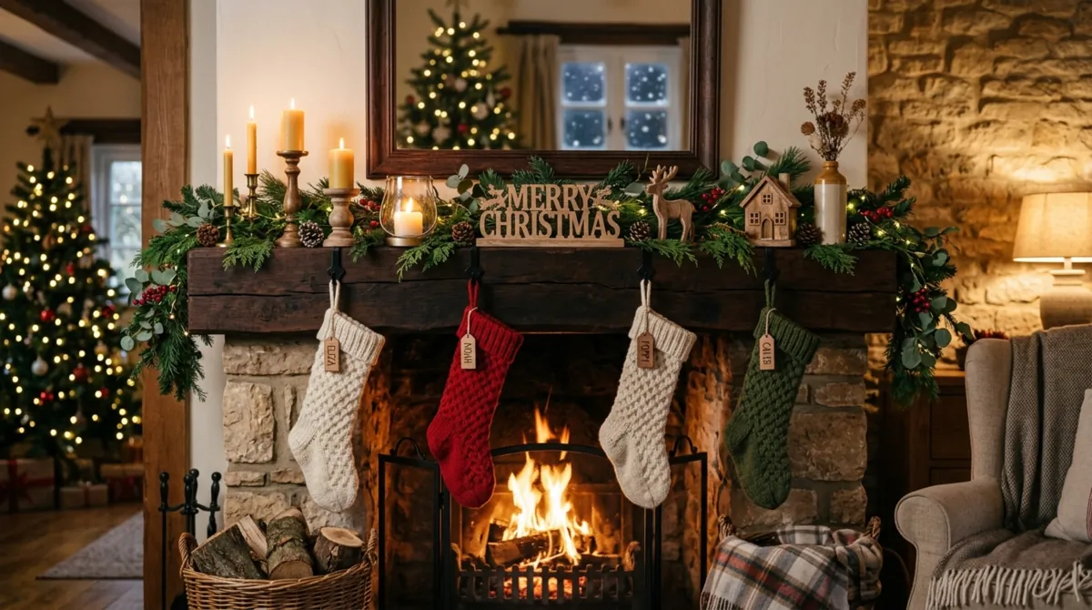Cottage winter mantel with handmade knit stockings, pine branches, wood decor, and candlelight.