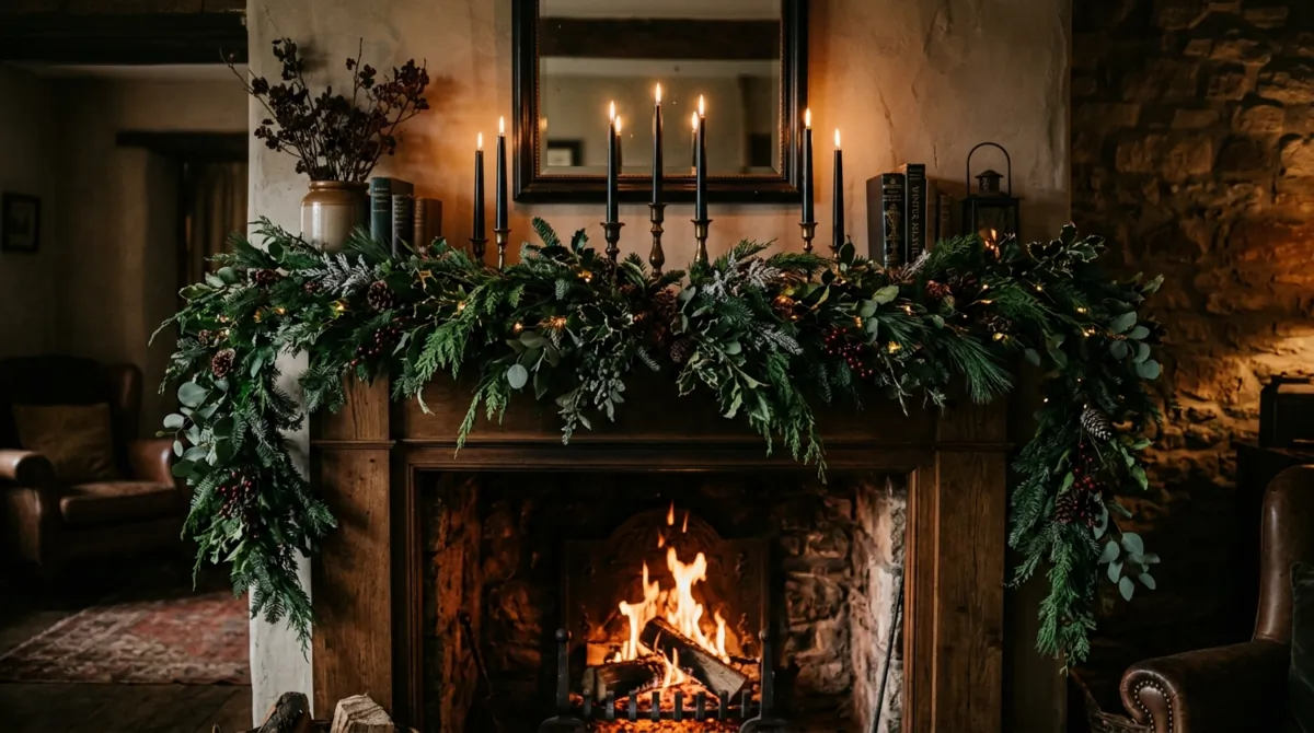 Dramatic winter mantel with dark wood surround, green garland, black candles, and moody light.