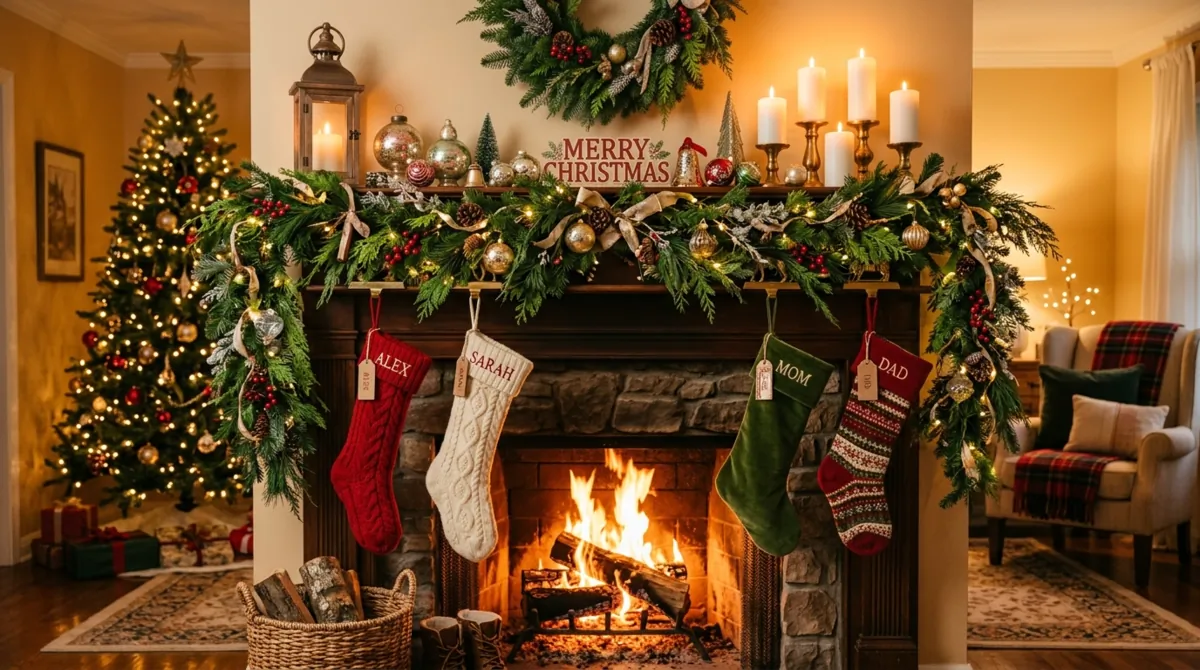 Festive winter mantel with layered garlands, ornaments, stockings, candles, and fireplace.