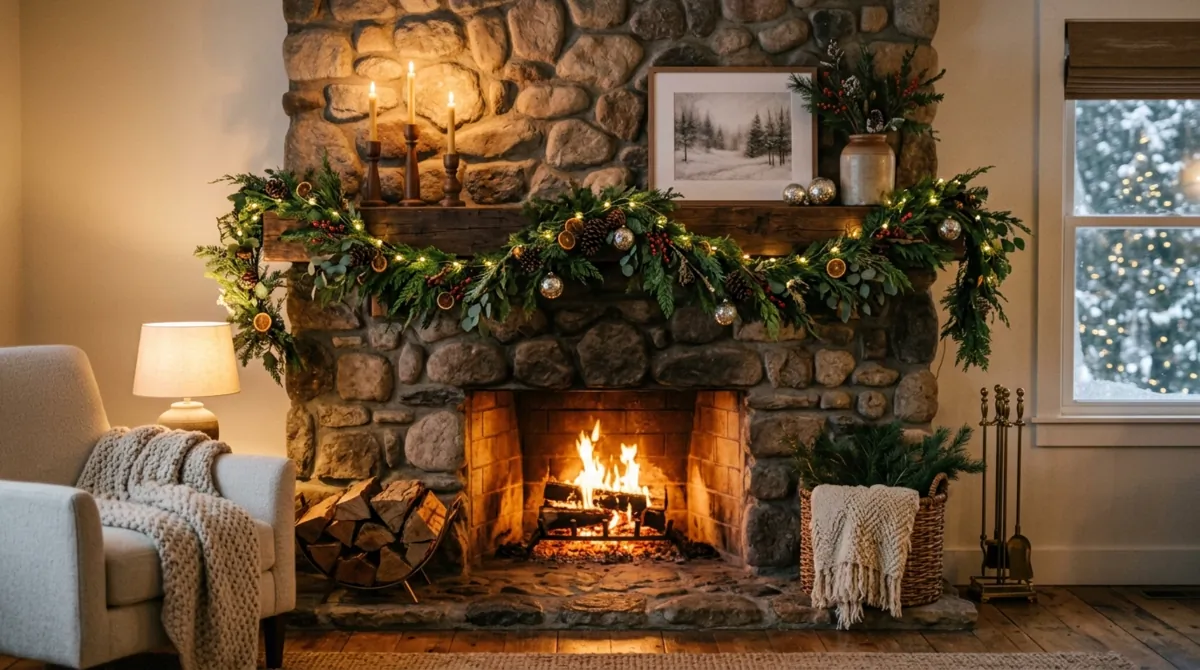 Modern rustic winter mantel with stone fireplace, evergreens, lights, and neutral palette.