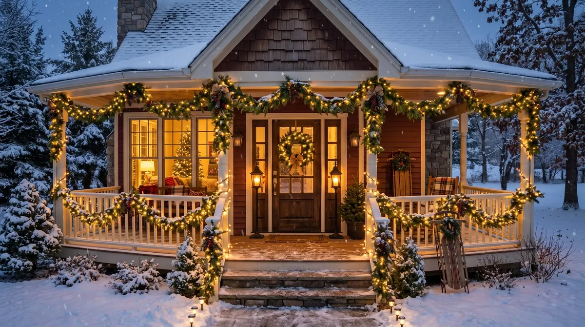Cozy winter porch with evergreen planters, lanterns, blankets, and a welcoming front door.