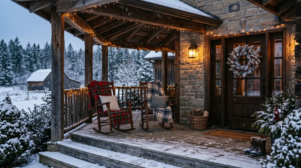 Rustic winter porch with wood accents, pinecones, greenery, and lantern light.