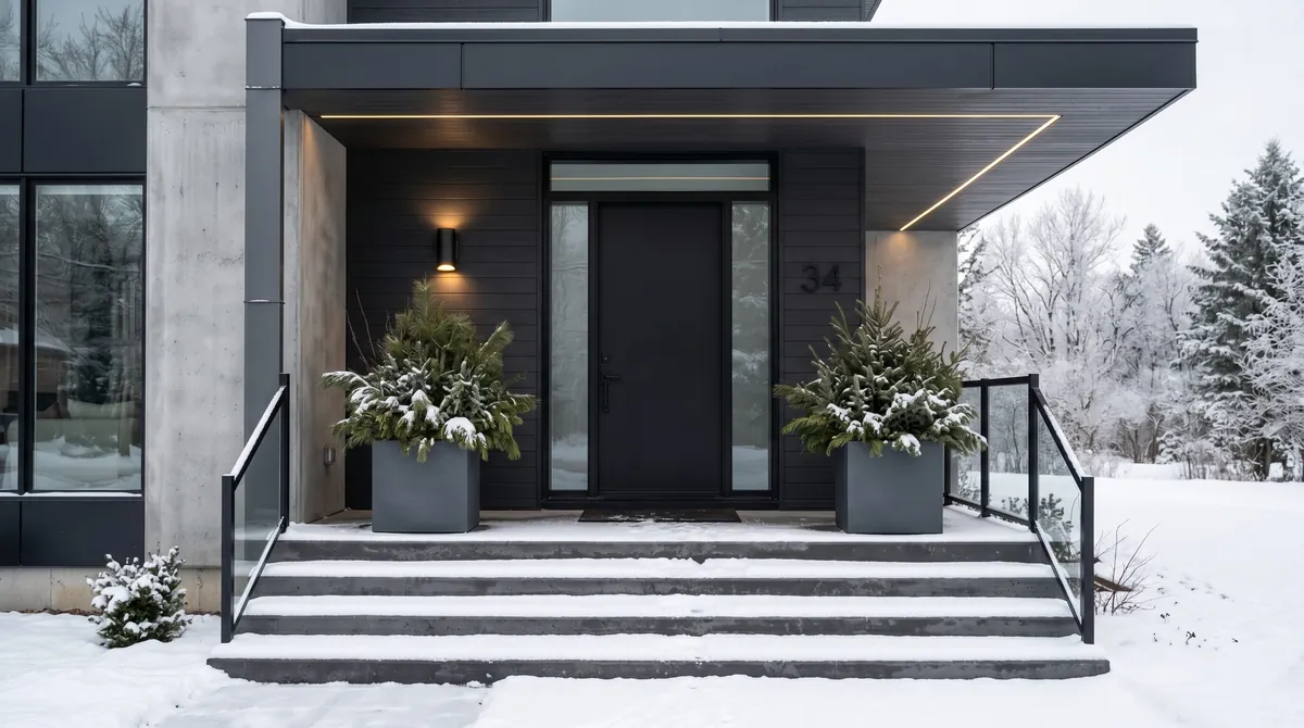 Winter porch with rocking chairs, plaid blankets, evergreen garland, and soft lighting.