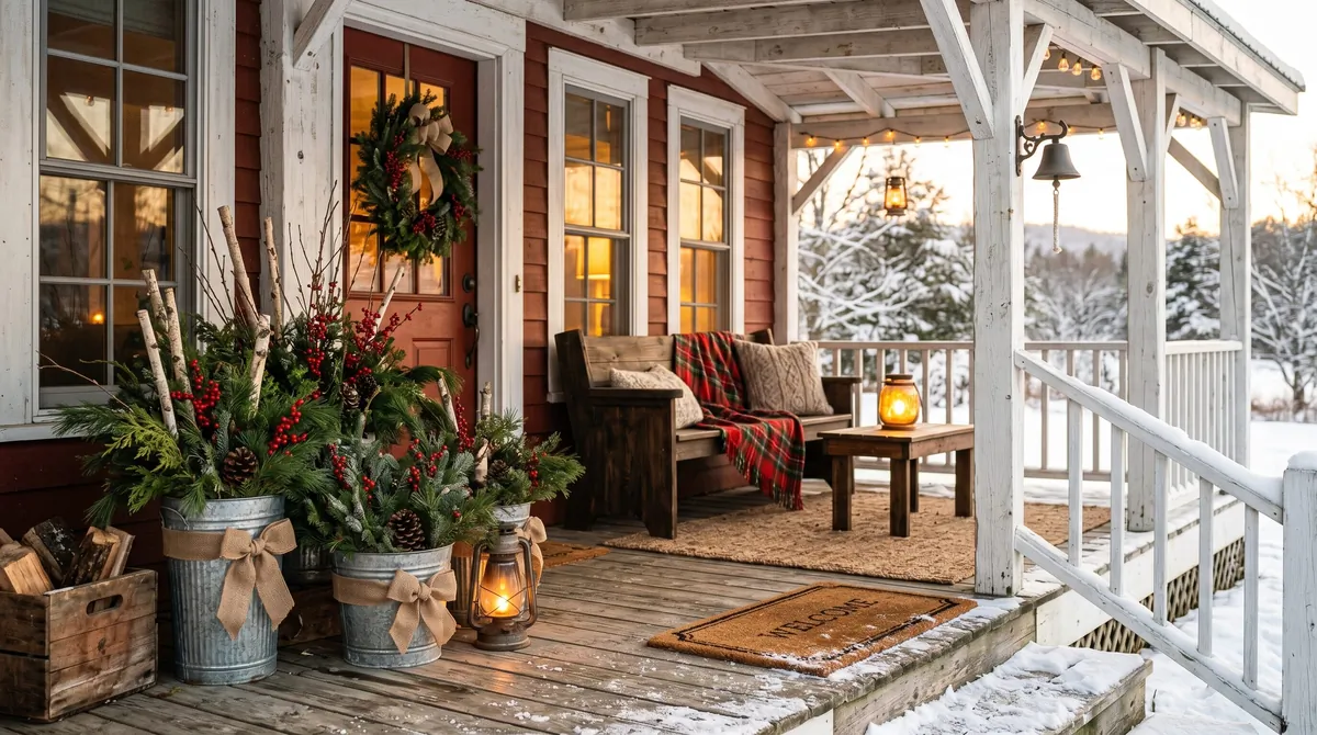 Neutral winter porch with white accents, greenery, baskets, and soft textures.