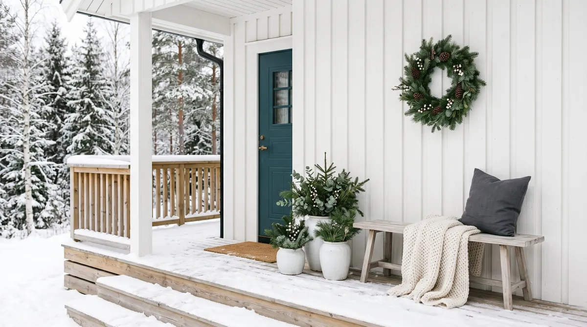 Snowy cottage porch with wreath, lanterns, evergreen pots, and cozy details.