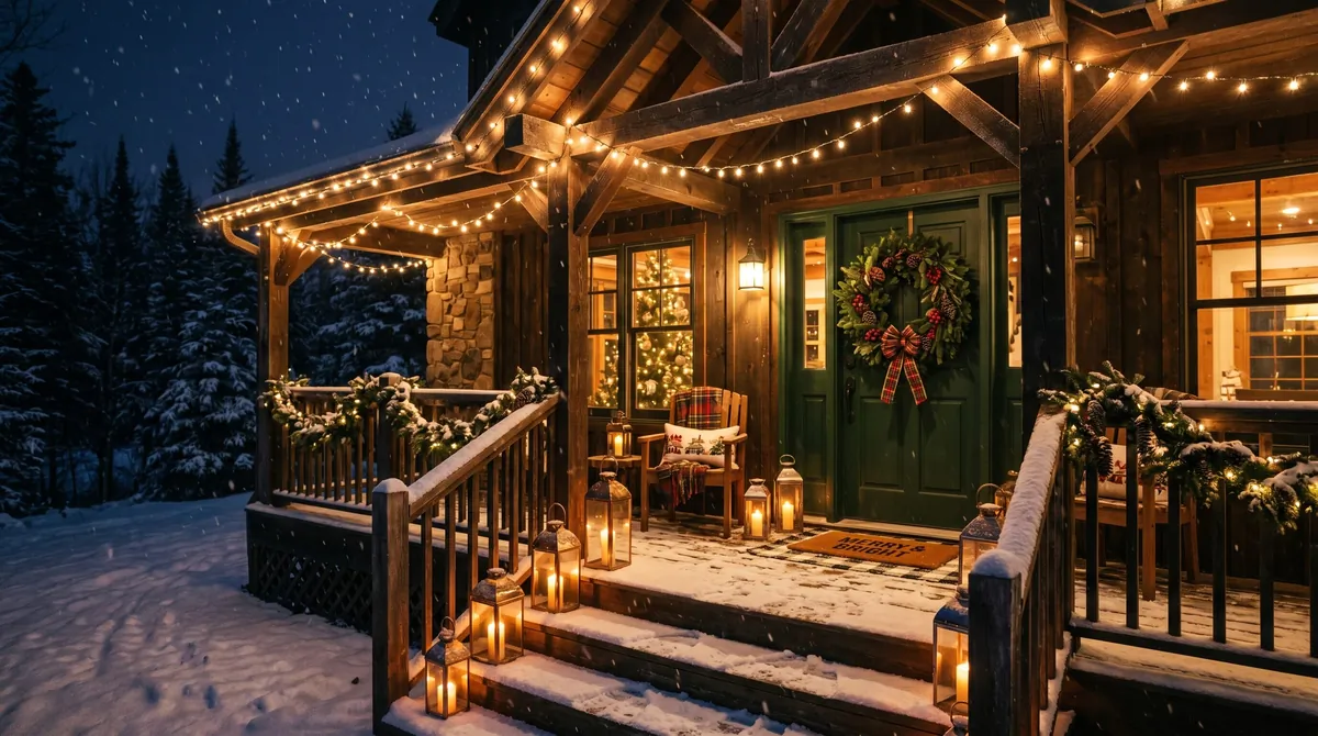 Modern winter porch with black door, evergreen planters, clean lines, and lanterns.