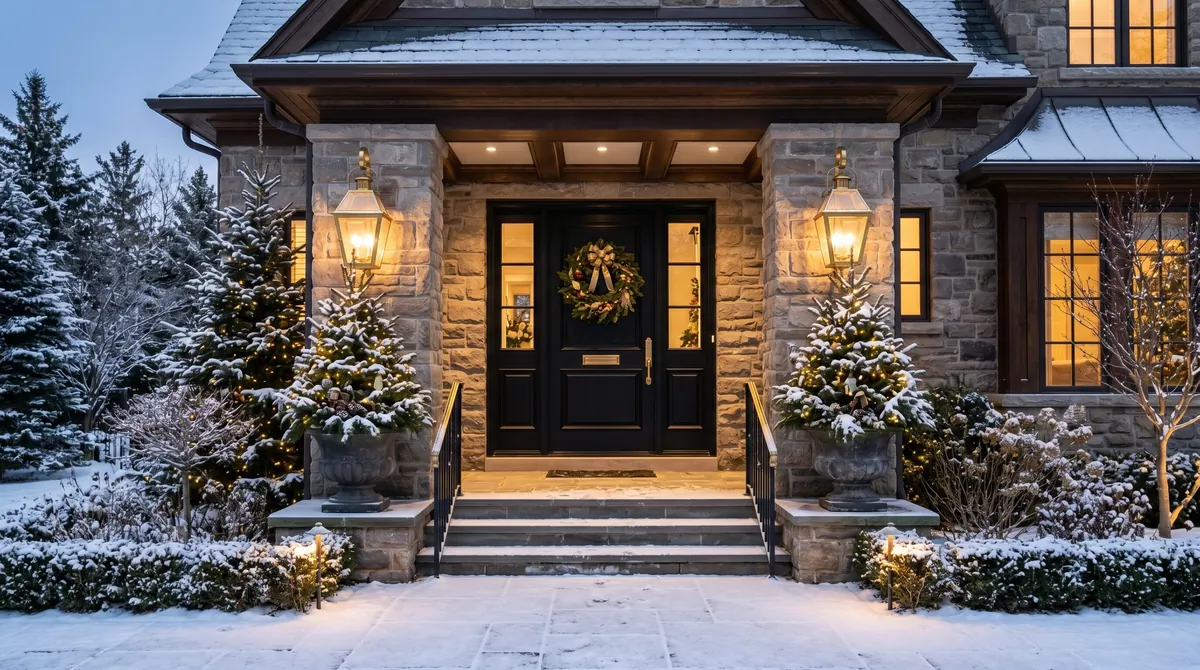 Farmhouse winter porch with crates, galvanized buckets, evergreen branches, and pinecones.