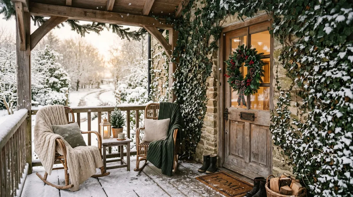 Winter porch with candle lanterns, garland, cozy seating, and evening glow.