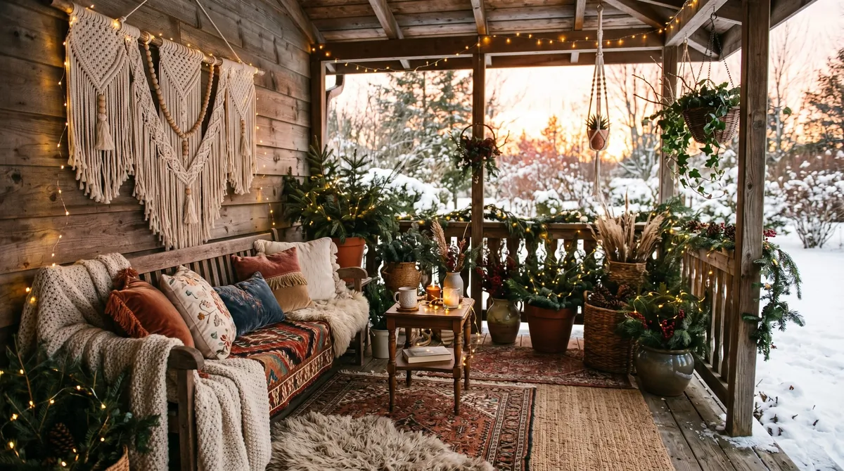 Winter porch bench with pillows, blankets, greenery, and rustic lanterns.