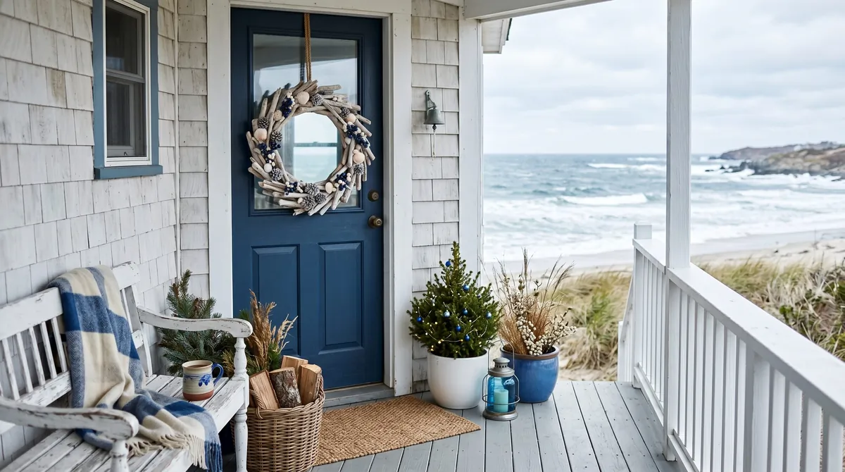 Winter porch with birch logs, evergreen branches, baskets, and natural accents.