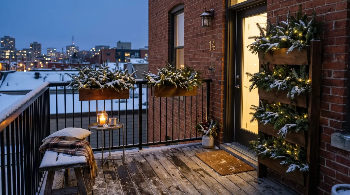 Minimal Scandinavian winter porch with simple greenery, lanterns, and clean neutral styling.
