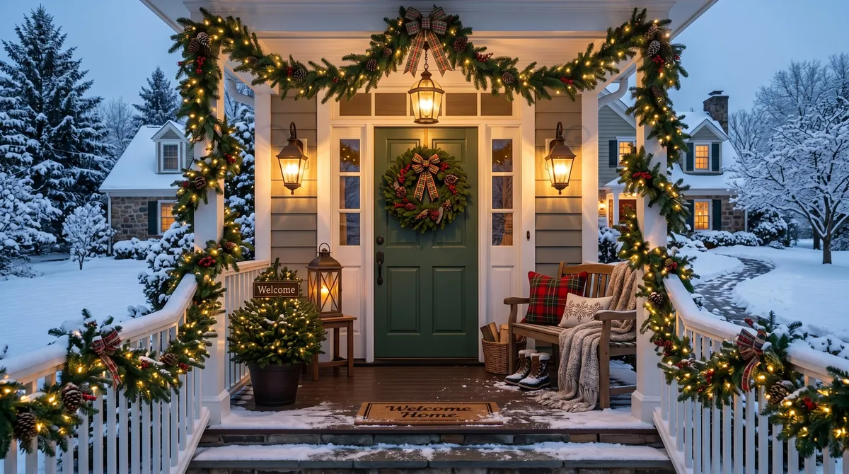 Winter front porch with layered mats, wreath, planters, and cozy cold-weather decor.
