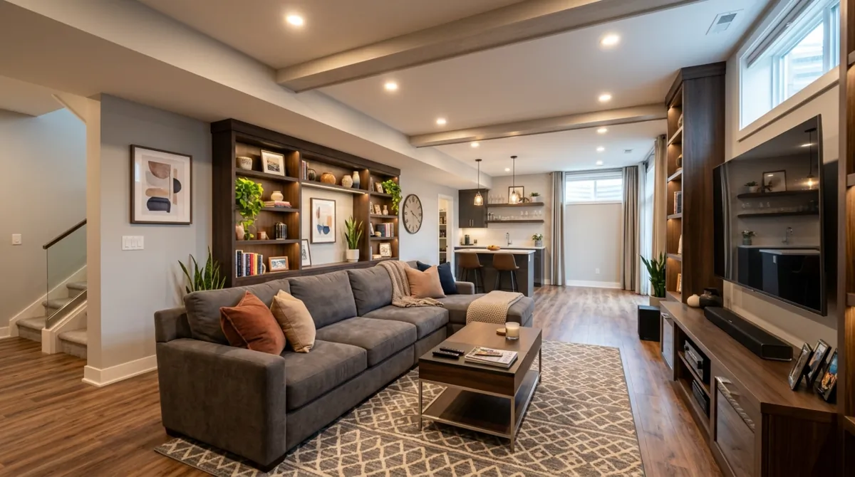 Renovated basement with sectional sofa, built-in shelving, warm lighting, and bright lounge layout.