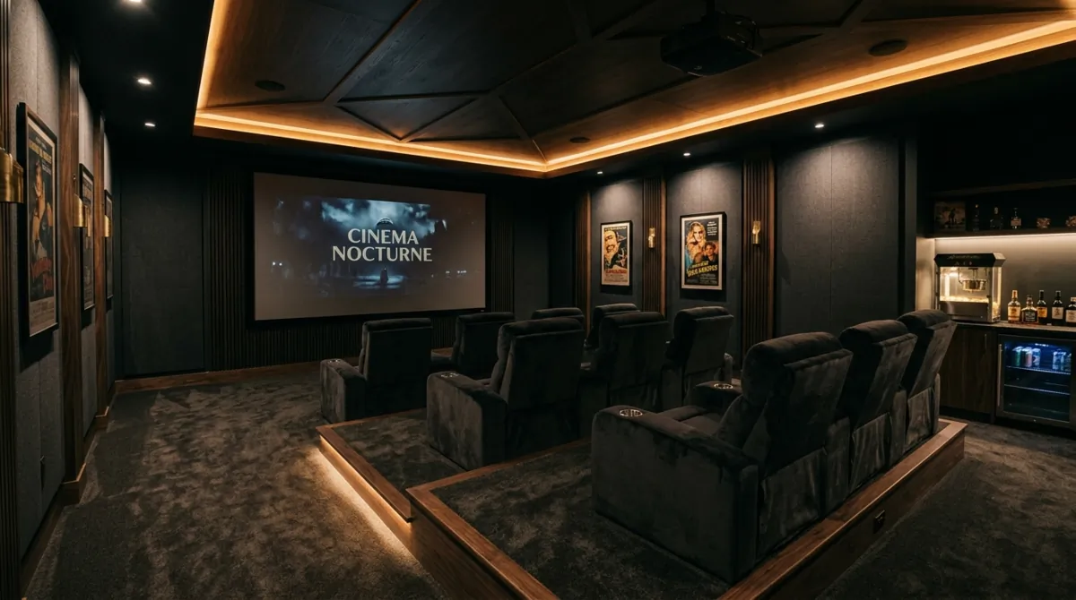 Stylish basement home theater with tiered seating, large screen, acoustic wall panels, and LED ceiling lighting.