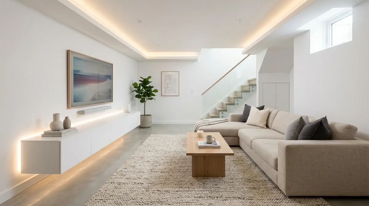 Minimalist basement living room with white walls, floating media console, modular sofa, and hidden lighting.