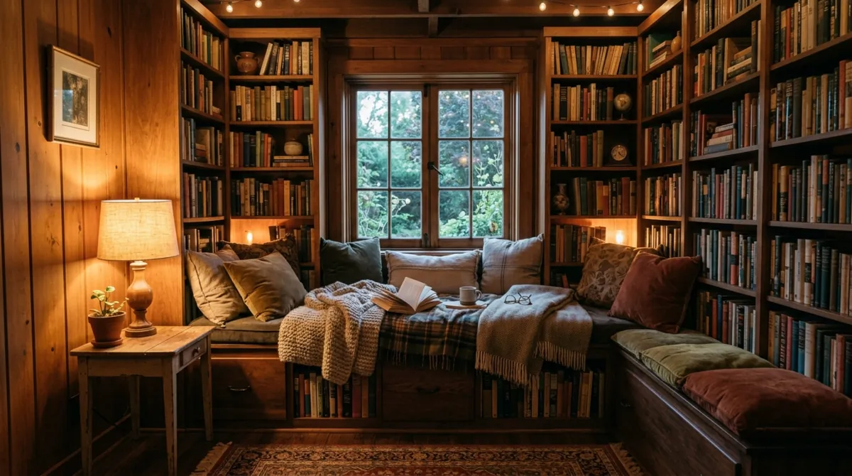 Cozy basement reading nook with window seat, bookshelves, warm wood finishes, and layered lamps.