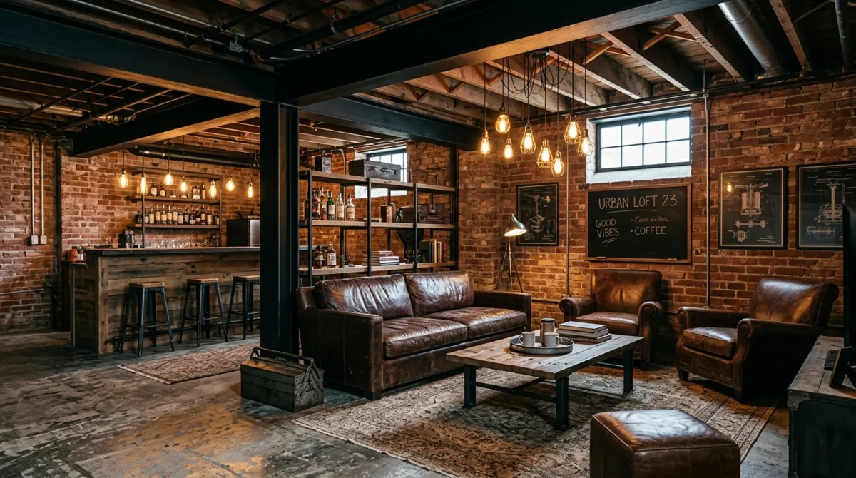 Industrial-style basement with exposed brick, black beams, concrete floor, leather seating, and Edison bulbs.