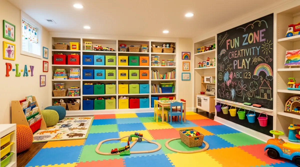 Family-friendly basement playroom with soft flooring, colorful storage bins, chalkboard wall, and bright cheerful light.