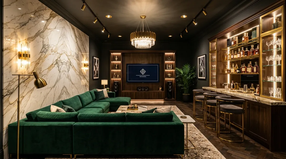 Luxury basement lounge with velvet sectional, marble accent wall, built-in bar, gold lighting, and upscale entertainment mood.
