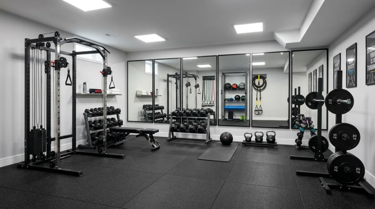 Basement gym with rubber flooring, mirrored walls, workout equipment, storage racks, and bright functional lighting.