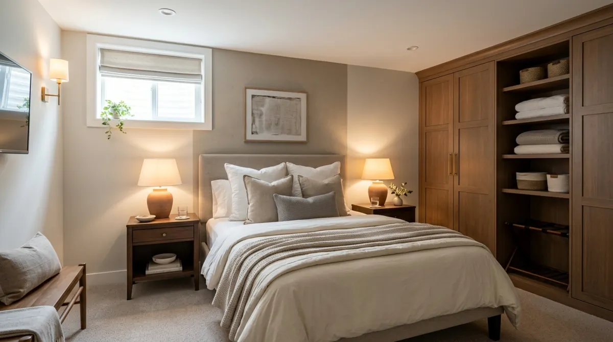 Elegant basement guest suite with cozy bed, neutral bedding, closet storage, and warm bedside lights.