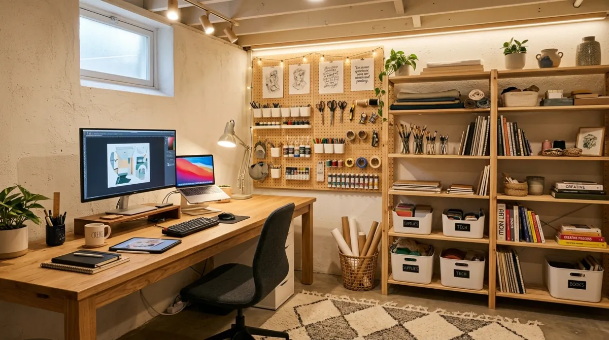 Creative basement studio with large desk, pegboard wall, shelving, and clean modern work setup.