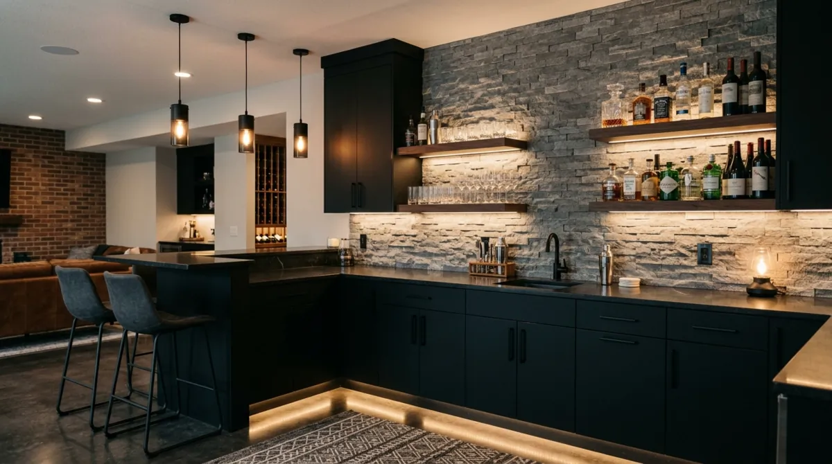 Modern basement bar with black cabinetry, floating shelves, LED lighting, stone backsplash, and entertaining atmosphere.