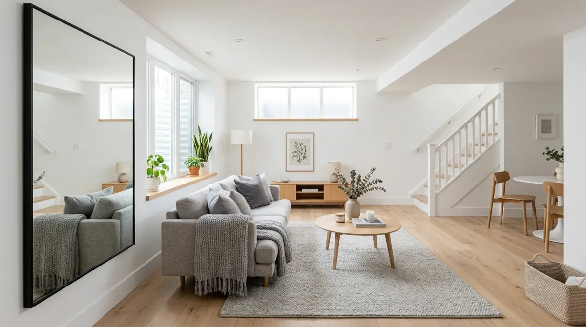 Scandinavian-inspired basement with light wood floors, white walls, mirrors, and soft gray textiles.