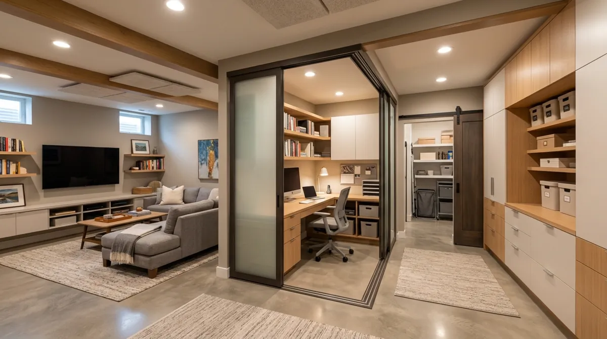 Multi-functional basement with lounge, workspace, storage zones, sliding partitions, and built-in cabinetry.