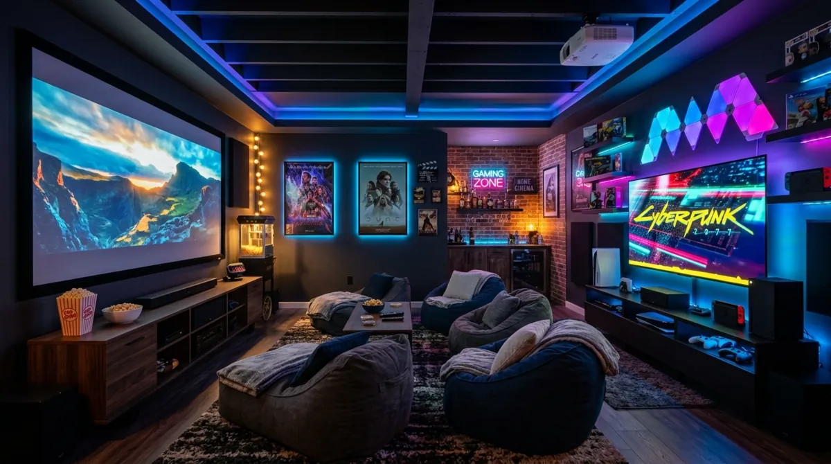 Cozy basement cinema and game room with bean bags, neon lighting, gaming setup, and immersive entertainment design.