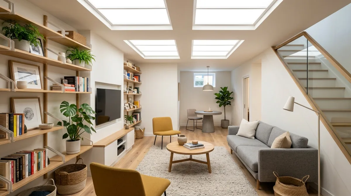 Bright renovated basement with reflective paint, ceiling light panels, open shelving, and airy contemporary design.