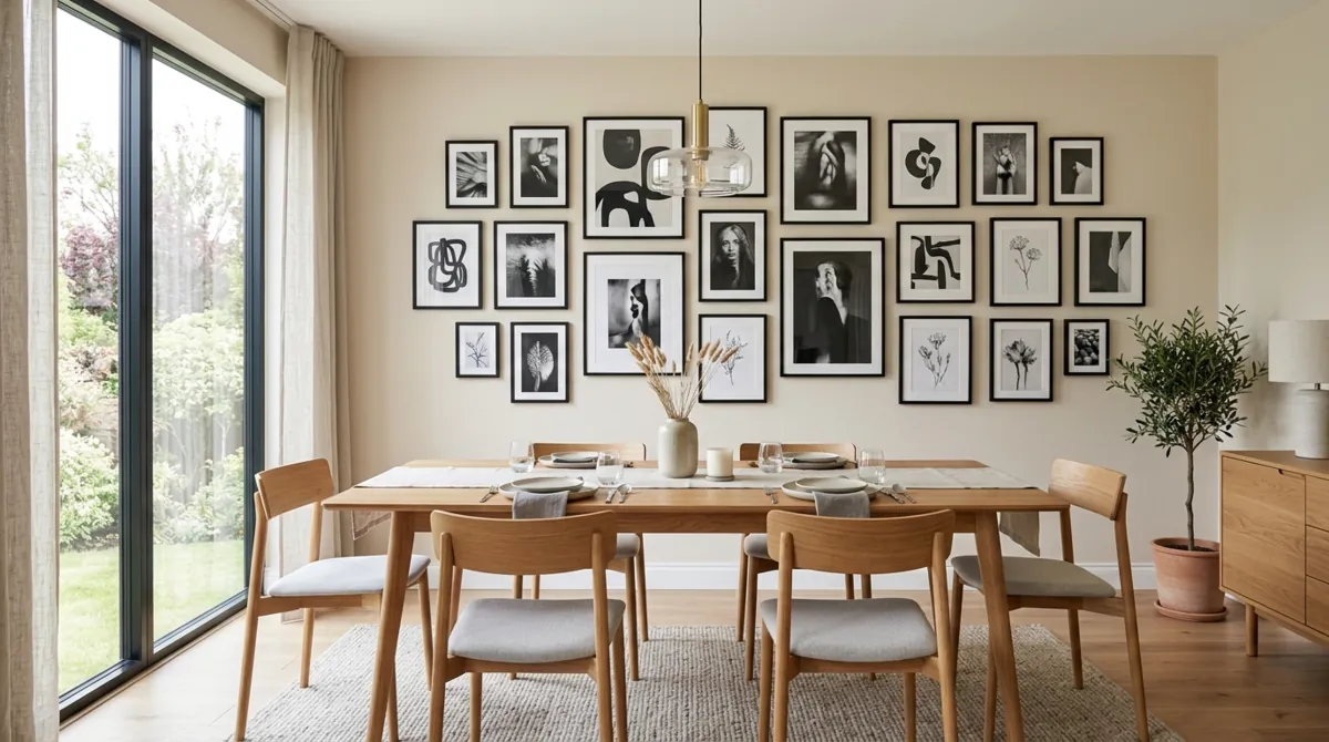 Modern dining room with black and white framed gallery wall, wood table, and neutral palette.